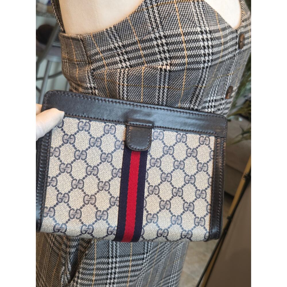 Gucci GG Supreme Web Clutch Pouch Bag Blue Navy Made in Italy Web Stripe Vintage - Picture 9 of 12